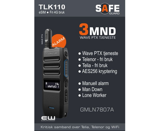 Motorola varekode: GMLN7807A
TLK110 abonnement
3 mnd Wave PTX Tjeneste
Telenor dekning
Telia dekning
Alarm ManDown og LoneWorker
Ingen binding